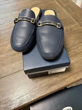 Nautica Women’s Navy Pebbled Leather Backless Loafers with Gold Accent